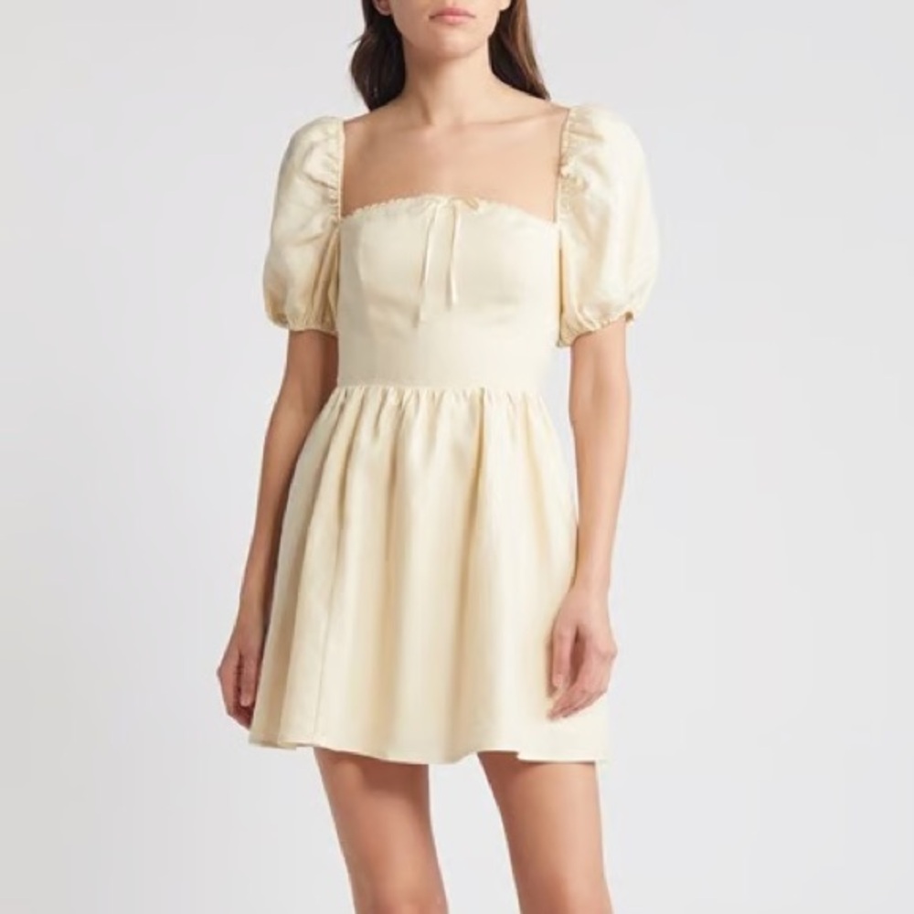 Reformation Malvina linen mini dress puff sleeve cream sand fit and flare 8